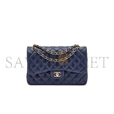 CHANEL MASTER NAVY BLUE QUILTED CAVIAR JUMBO CLASSIC DOUBLE FLAP BAG PALE GOLD HARDWARE (30*20*10cm)